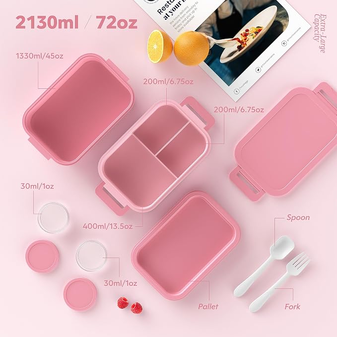 Bento Lunch Box for Adults - 3 Layers Leak-Proof Stackable Bento Box for Adults, 72oz Large-Style All-in-One Adult Lunchbox Bento Box with Utensil Accessories for Dining Out,Work, Pink