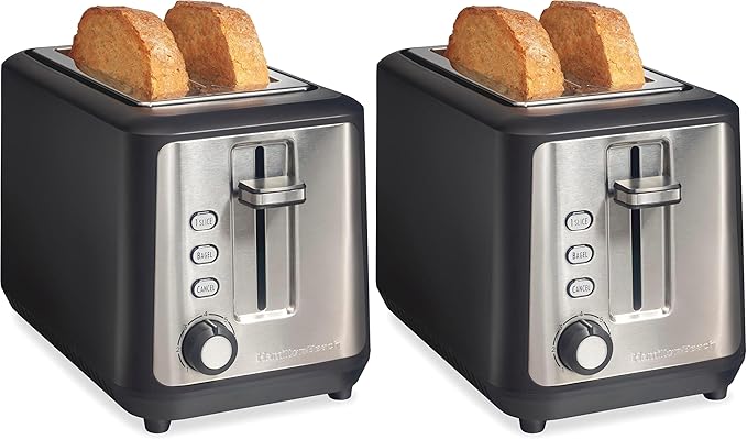Hamilton Beach Gourmet 2 Slice Slot Toaster with Extra Long & Wide Slots,Sure-Toast Technology,Shade Selector with 7 Browning Levels,Bagel Setting,Matte Black and Stainless Steel (22996),(Pack of 2)