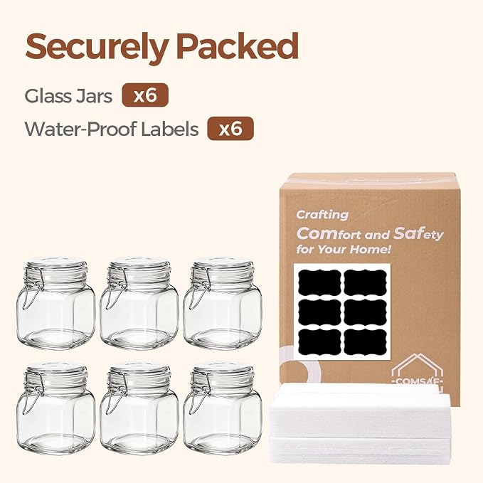 ComSaf Square Glass Pantry Jars with Airtight Lids 27 oz 6 Pack Spice Jar | Coffee sugar cookies, Snacks spices, Loose tea storage, Pantry organization, Kitchen cabinet storage, Countertop spice setup