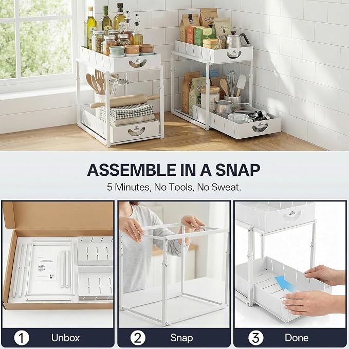 Adjustable Under Sink Organizer, 2 Tier Under Sink Organizers and Storage,Slide Out Metal Cabinet Organizers, Pull Out Cabinet Storage Drawer Shelf for Kitchen Bathroom (1, white)