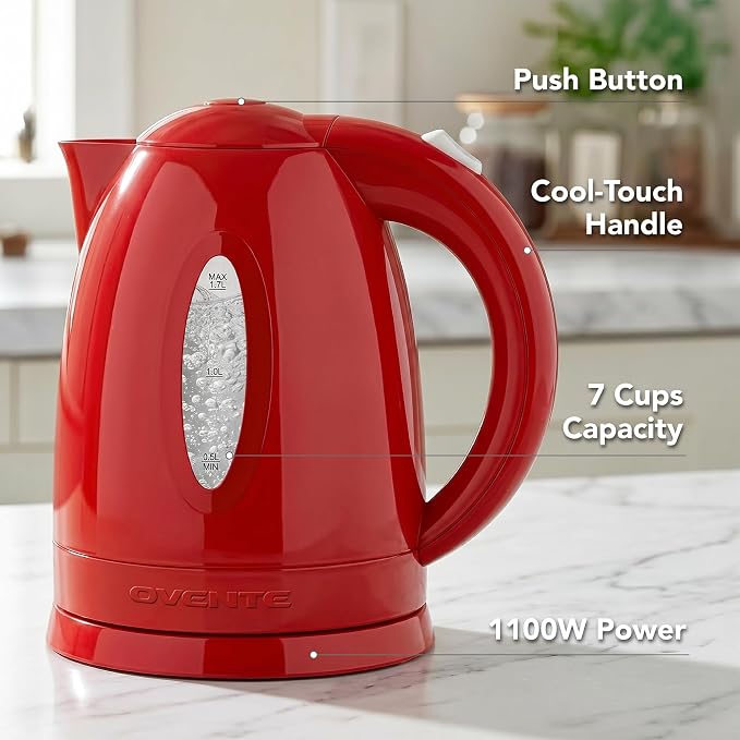OVENTE 1.7L Electric Kettle with 1100W Fast Boiling Water, Red KP72R | Best For Coffee or Tea, BPA-Free, Water Level Gauge, Auto Shut-Off, Indicator Light, Boil-Dry Protection & Removable Filter