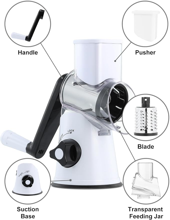 Cheese Grater Rotary, Rotary Grater for Kitchen, Kitchen Grater Vegetable Slicer with 3 Drum Blades, Fast Cutting Cheese Shredder for Vegetables and Nuts | 3 Stainless Steel Blades, 12x Fast Cutting, Non-slip Suction Base, No BPA, Dishwasher Safe, Easy...