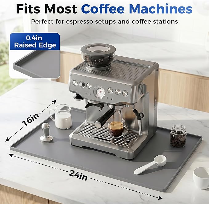 Golener Coffee Bar Mat, Silicone Coffee Mat with Raised Edges, 24"x16" | Coffee Mat for Countertop, Waterproof Coffee Station Mat, Dish Drying Mat Under Rack, Heat Resistant Coffee Machine Mat, Gray