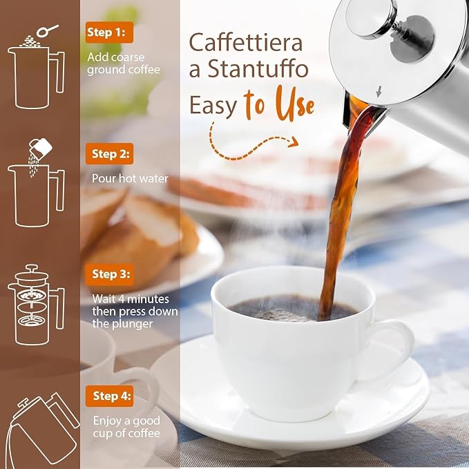 Miuly Small French Press Coffee Maker,12OZ/350ML Stainless Steel Insulated Coffee Press,Stainless Steel French Press with 2 Fliters 0.35 Liter (12oz, Sliver)