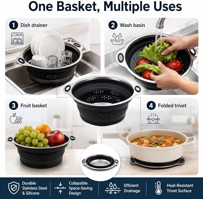 Mejoncb Collapsible Colander – Platinum Silicone Strainer with Stainless Steel Base, BPA-Free & Heat Resistant Kitchen Drain Basket (Black)