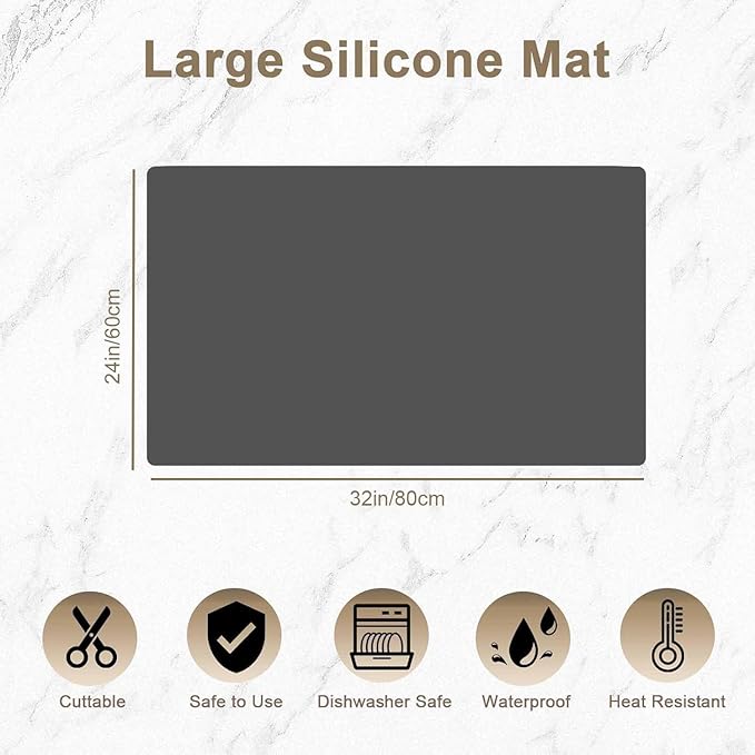 32"x24"(80cmx60cm) Large Silicone Mat for Kitchen Counter, Non-Slip Heat Resistant Countertop Protector, Waterproof Multipurpose Mat for Kitchen Island, Black