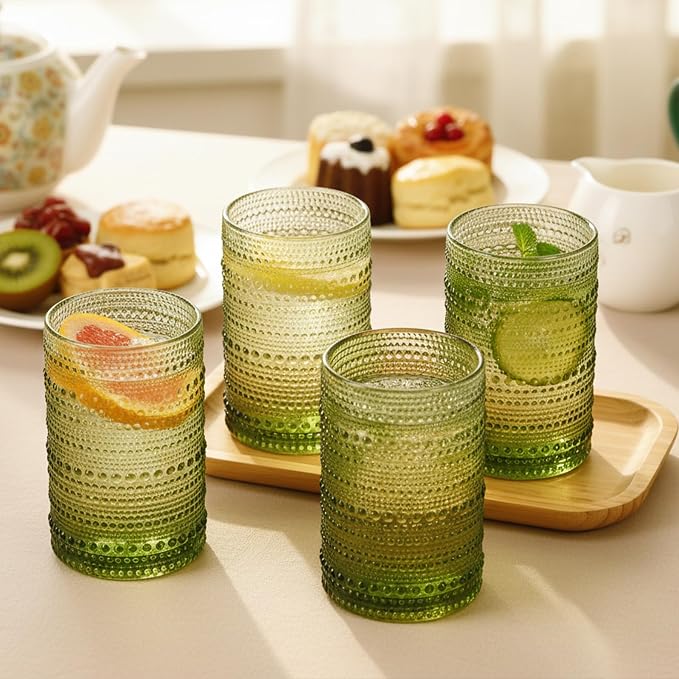 Moretoes12 Pack 12 Oz Green Hobnail Drinking Glasses Set,Water Glass Cups | Highball Glasses Embossed Boho Kitchen Bar Tumbler Glassware Set for Whiskey, Beer, Juice, Milk and Various Mixed Drinks