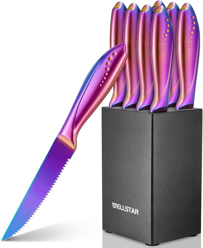 WELLSTAR Steak Knives Set of 8 with Wood Block, 4.75 Inch Rainbow Serrated Steak Knife Set, Razor Sharp German Stainless Steel with Full Tang Handle, Space Saving Steak Knife Set