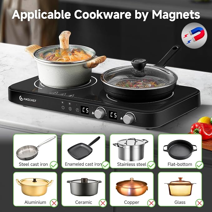 AMZCHEF Double Induction Cooktop with Removable Griddle Pan Non-stick,Black | 1800W 2 burner Portable Induction Stove With Sensor Touch 9 Power Levels, 99 Min Timer, Child Lock, Suitable for Kitchen, BBQ