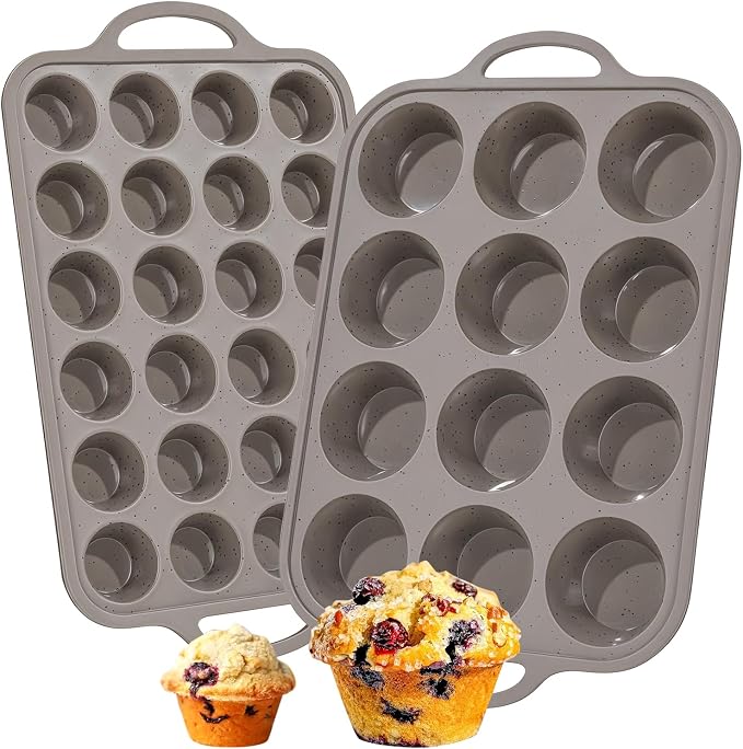 CAKETIME Silicone Muffin Pans for Baking, Metal Reinforced Frame Regular 12 Cups & Mini 24 Cups Cupcake Pan Set Nonstick Muffin Pan for Homemade Baking Easy to Handle