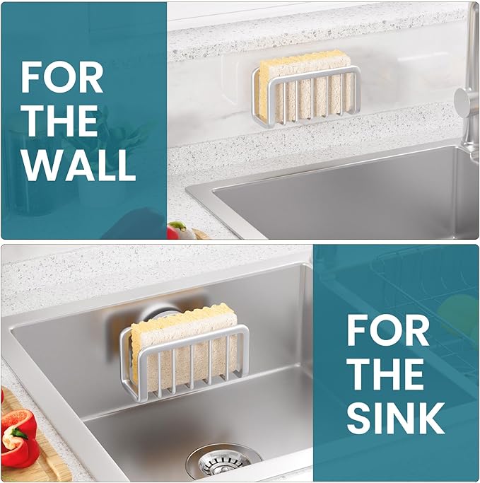 TAILI Silver Sponge Holder for Kitchen Sink with Strong Suction Cup | Removable Sink Caddy for Kitchen Sink Oganizer, Rustproof Aluminum Sink Sponge Holder for Scraper Brushes, Stoppers