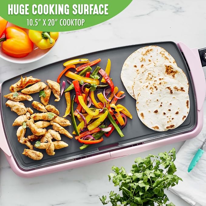 GreenLife 20" Extra Large Electric Griddle, Pink | PFAS-Free Ceramic Nonstick Coating, Temperature Control, Removable Dishwasher Safe Drip Tray, Pancakes, Eggs, Omelet, Burgers