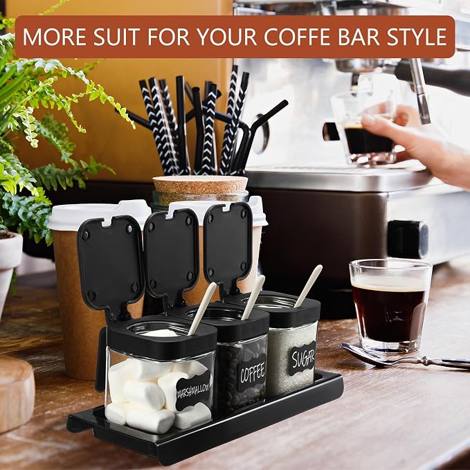 3 Pcs Glass Coffee Containers Coffee Station Organizer Set, Airtight Bean Storage Jars with Shelf,labels,spoon, Base and Pen,for Sugar, Candy, Oats, Nuts(Black)