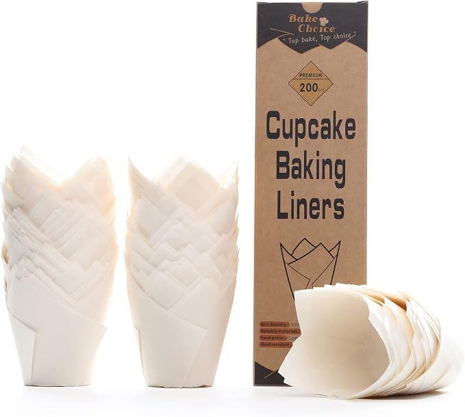 Bake Choice 200pcs White Tulip Cupcake Liners for Baking, Standard Size | Tulip Muffin Liners, European Parchment Paper, Cupcake Wrapper for Party, Christmas