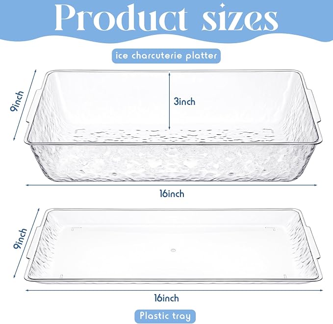 4 Set 16" x 9" Chilled Serving Tray with Compartments,Clear | Ice Chilled Party Platter, Charcuterie Serving Board, Cold Dish Dip Tray for Fruit, Seafood, Vegetable, Appetizer
