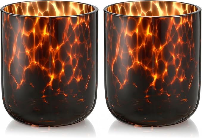 SiliFine Set of 2 Tortoise Shell Wine Glasses, 14oz Brown Decorative Tumbler Cups, Hand Blown Leopard Print Stemless Glassware for Home Decor, Ideal for Wedding Gifts, Housewarming, Cocktail Party
