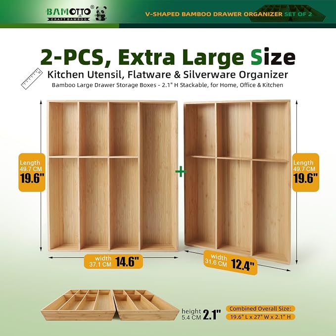 BAMOTTO CRAFTBAMBOO 13 Slot V-Shaped Bamboo Drawer Organizer Set of 2 | Cutlery Tray | Silverware & Flatware Organizer | Utensil | Kitchen & Bathroom | Extra Large 19.6"×14.6" & 19.6"×12.4"