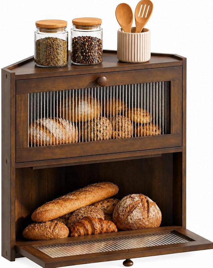 BAMBANG Corner Bread Box for Kitchen Countertop, Double Layer Bamboo Bread Storage Container with Wavy Windows, Farmhouse Large Bread Bin, Wooden Breadbox Holder for Homemade Bread (Brown)