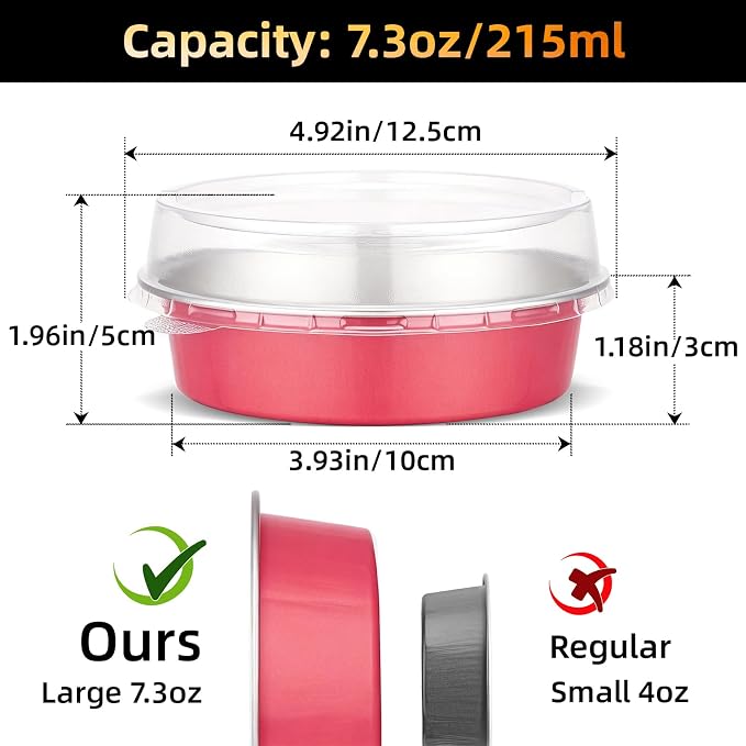 Beasea 120 Pack Disposable Ramekins with Lids, 7.3oz Grapefruit Pink Aluminum Foil Mini Pie Tins Pans Small Baking Cups, Round 4 inch Individual Cake Pans Tin for Creme Brulee Cheesecake Tart Pie