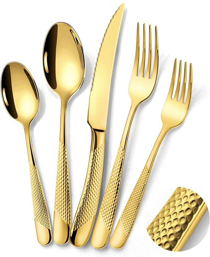 30-Piece Hammered Gold Silverware Set for 6 with Serrated Forging Knives,18/10 Stainless Steel Modern Flatware Set,Unique Cutlery Set,Mirror Polished,Dishwasher Safe