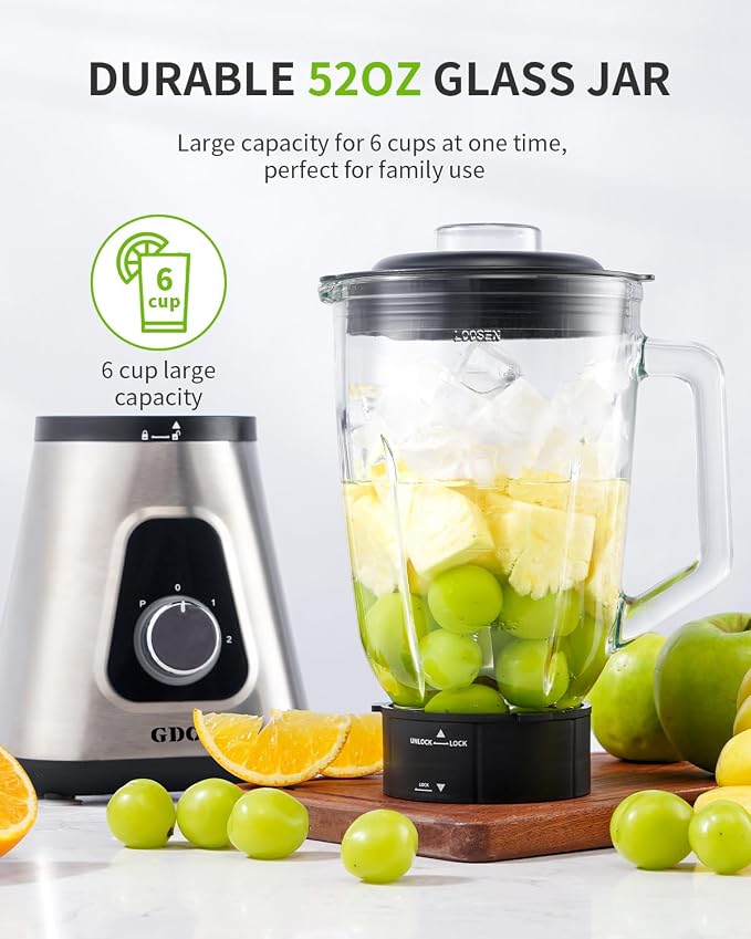GDOR 1200W Blender for Smoothies and Shakes, 52 Oz Glass Jar & 22 Oz To-Go Cup Combo, Countertop Blender with 6-leaf Blade, 3 Adjustable Speed for Juices, Frozen Fruit Drinks, Sauces, Self-Cleaning