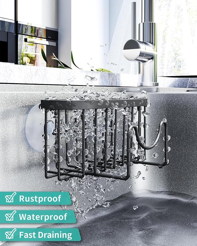 HapiRm Multifunctional Sponge Holder with Unique M-Shaped, 2 Installation Methods Kitchen Sink Caddy Organizer, Rustproof Stainless Steel Kitchen Organizers and Storage Essentials - Black