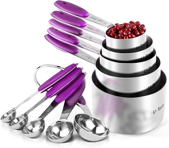 U-Taste 10 Piece Measuring Cups and Spoons Set in 18/8 Stainless Steel (Purple) | Upgraded Thickened Handle, Reinforced Welded Joints, Nested Stackable Design, Metal Measure Set for Kitchen Baking Cooking