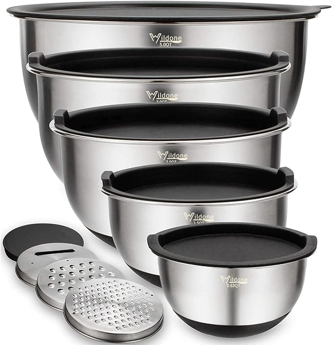 Wildone Mixing Bowls with Airtight Lids Set, 5PCS Stainless Steel Nesting Bowls for Kitchen, with Grater Attachments & Non-Slip Bottoms, Size 5, 3, 2, 1.5, 0.63 QT, Great for Mixing & Serving