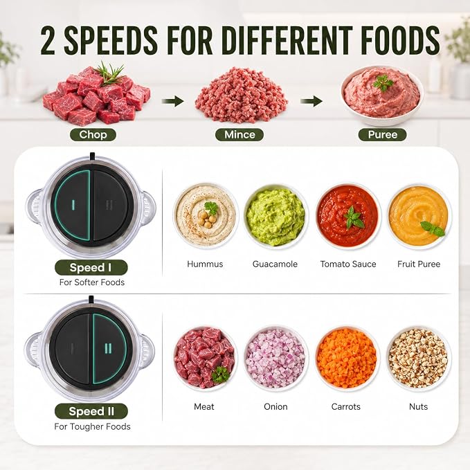 HOMEASY Electric Food Chopper, 2L Stainless Steel Meat Grinder, 4 Blades | Electric food chopper with 2L stainless steel bowl and 4 blades for meat, veggies, fruit and nuts