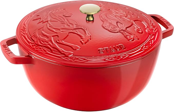 Staub Cast Iron Essential French Oven, Dutch Oven, 5-quart, serves 5-6, Made in France, with Horse Lid - Cherry