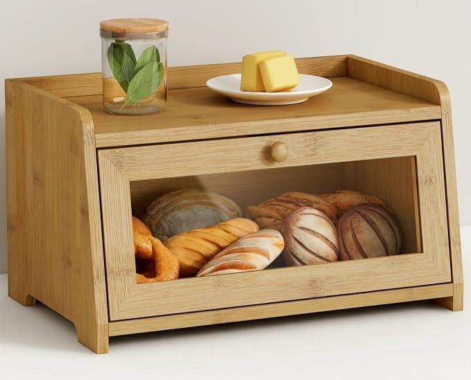 Goozii Wood Bread Box for Kithcen Countertop, Rustic Breadox Storage Container for Homemade Bread, Small Compact Bread Keeper Holder Organizer with Window (Natural Bamboo)