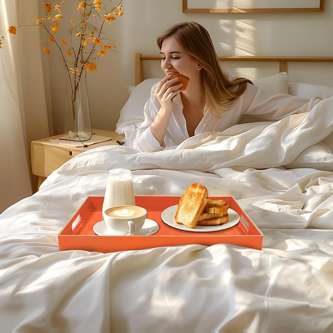 Orange Decorative Tray for Coffee Table, Serving Tray with Handles | Plastic Melamine Tray, Modern Ottoman Tray, Rectangular Countertop Organizer Tray for Living Room, 15.8"L x 10.2"W x 1.4"H