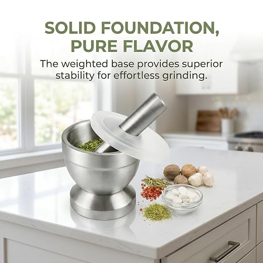 Stainless Steel Mortar Pestle, Anti-Slip Spice Grinder | Spices Tablets Large Capacity Bowl, Multi-Purpose：Spices, Herbs, Tablets, Easy to Clean