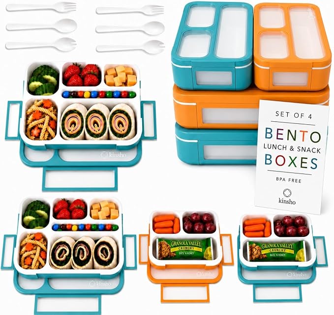 Bento Box Lunch and Snack Containers for School Kids Girls Boys | Leak Proof Portion Control Kits BPA Free, Teal & Orange, Large and Small, Value Set of 4