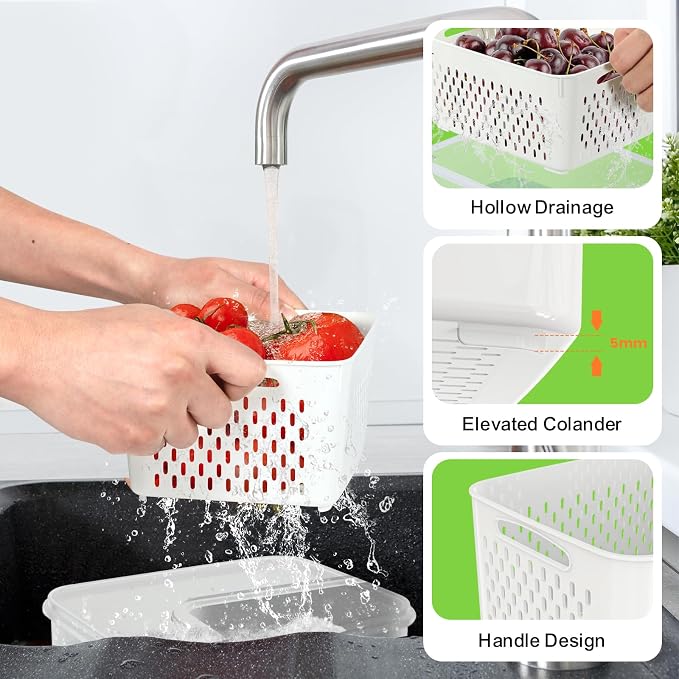 5 Pack Fridge Fruit Storage Containers with Colander, Vent and Handle | BPA Free Plastic, Airtight Stackable Refrigerator Organizer Bins for Berry, Meat, Vegetable