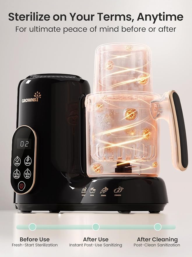 Grownsy Baby Food Maker & Processor with Dual-Layer Steam Basket,Black&Gold | Steamer & Blender, Healthy Homemade Baby Food Purees, Starting Solids & BLW, Baby Feeding Essentials, 6+ Months