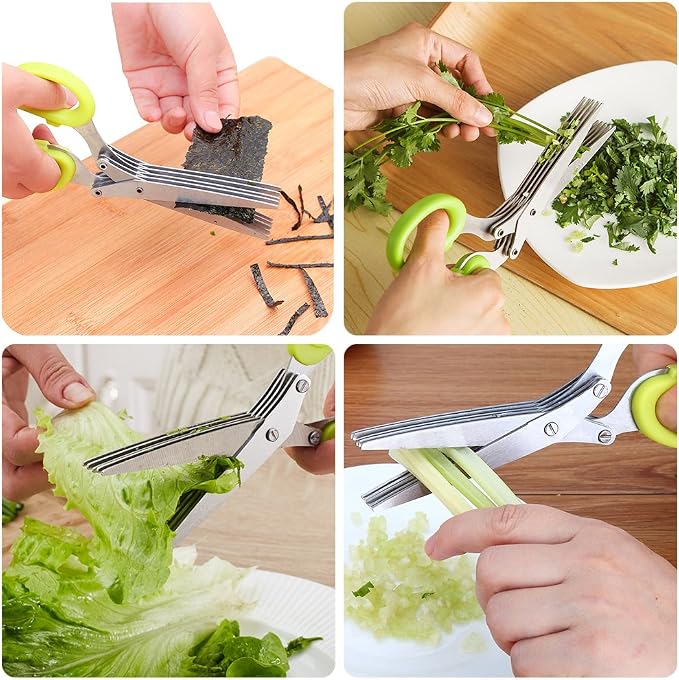SourceTon 5-Blade Herb Scissors 2 Pack - Heavy Duty Kitchen Shears with Cleaning Brush, Multipurpose Stainless Steel Scissors for Cooking, Crafting, Gift (Ergonomic Left/Right Hand Design)