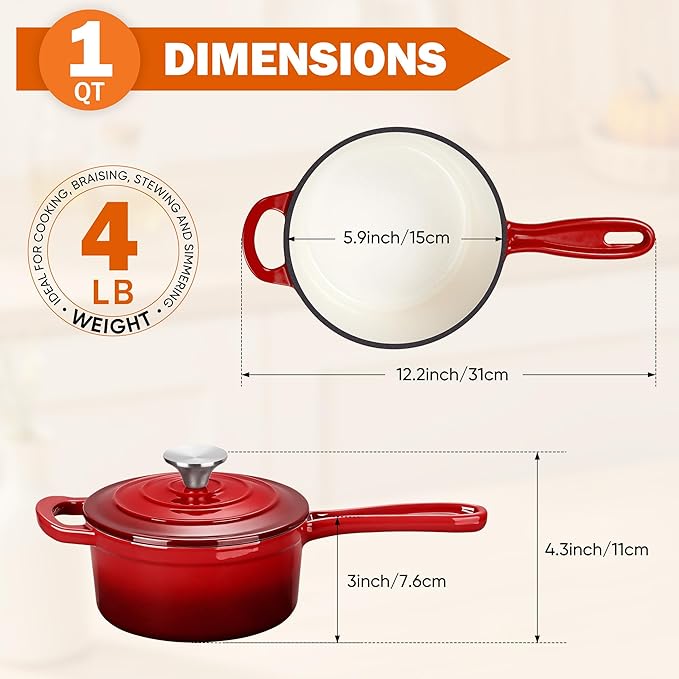 Homikit 1 Quart Saucepan with Lid, Small Enameled Cast Iron Sauce Pan, Enamel Cast Iron Cooking Pot Mini Dutch Oven Kitchen Cookware for Making Pasta, Boiling Soup, Warming Milk, Red