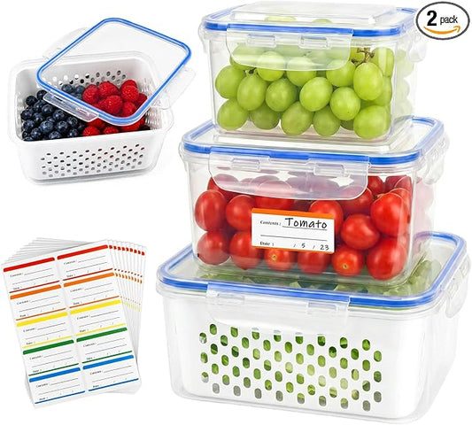 Produce Storage Containers 3-Pack – Colander Basket, Airtight for Fridge/Meal Prep