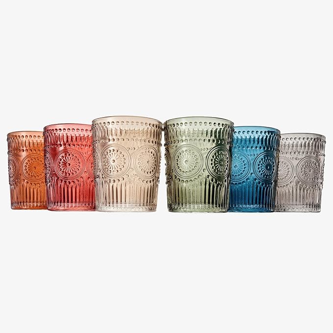 Beautiful Colored Tumbler Drinking Glasses | Set of 6 | Crystal, 10oz - Vintage Drinking Cup, Luxury Multi Color Glassware Gift Set Her, Wife & Mom, Him - Colorful Drinkware for Water, Wine, Cocktail