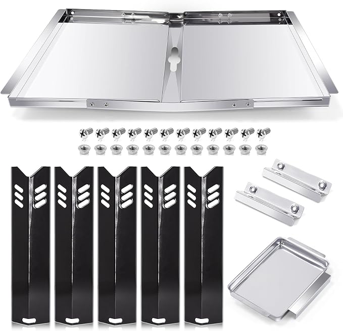 Grill Grease Tray Replacement Parts for Dyna Glo DGF493BNP, DGF510SBP, Backyard Grill BY13-101-001-12, BY14-101-001-02 and BHG Grill Parts, Adjustable 24''-30'' Gas Grill Drip Pan, Heat Plate Shields.