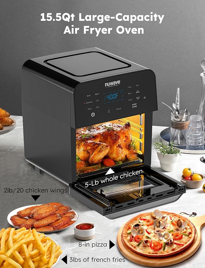 Nuwave Brio Air Fryer Oven, 15.5Qt X-Large Family Size, Powerful 1800W | SS Rotisserie Basket & Skewer-Kit, Reversible Ultra Non-Stick Grill/Griddle Plate, Integrated Smart Thermometer, Black