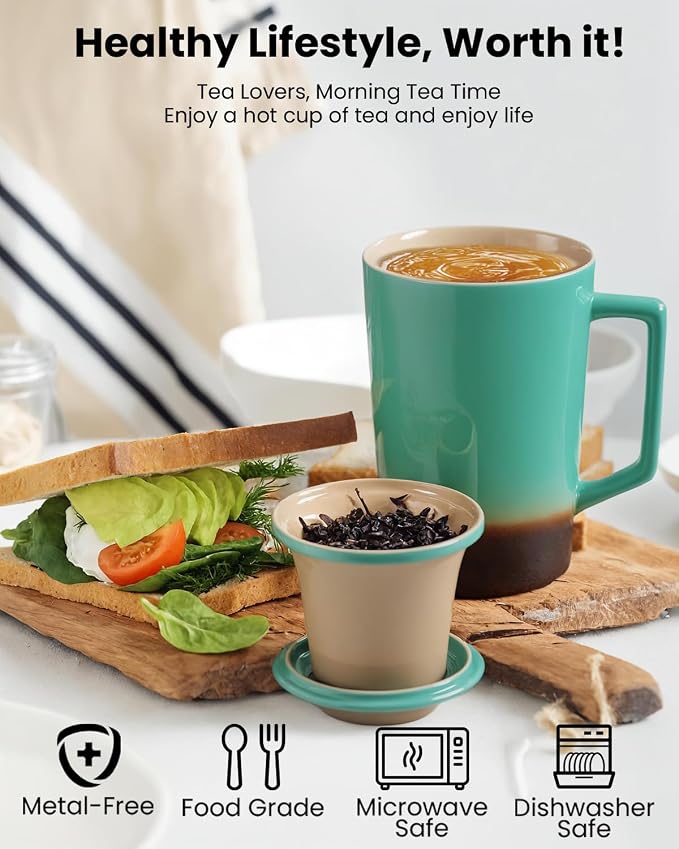 15 oz Ceramic Tea Infuser Cup with Lid - Tea Mug with All Porcelain Strainer for Loose Leaf Teas,Microwave and Dishwasher Safe,Metal-Free,BPA-Free for Tea Lovers/Birthday(Green)