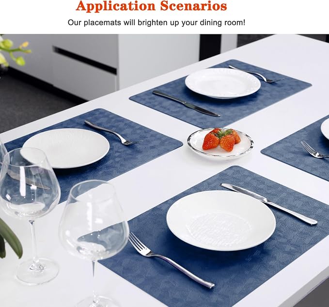 Blue Vinyl Placemats Set of 6 Waterproof Wipeable Table Mats | Heat Resistant Easy Clean Place Mats Faux Leather Table Mats Washable PVC Table Placemats for Dining Table