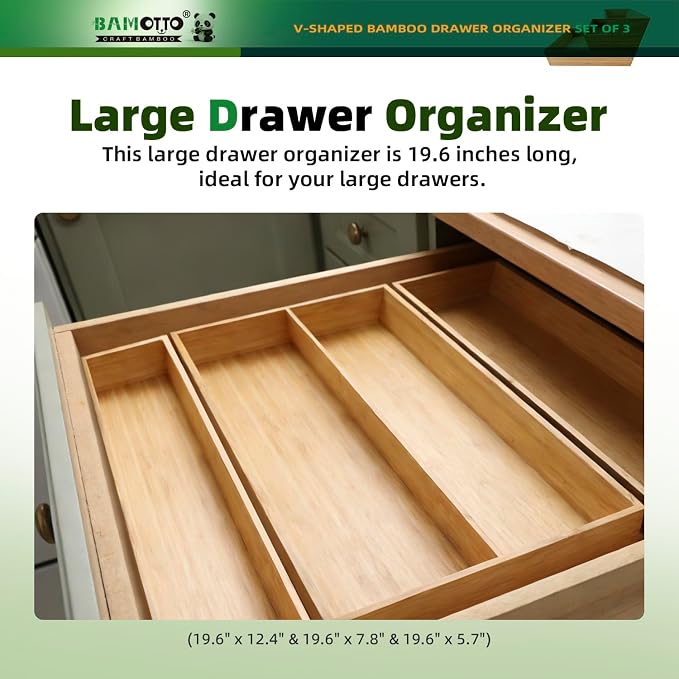 BAMOTTO CRAFTBAMBOO Large Long V-Shaped Bamboo Drawer Organizer Set of 3 | Silverware & Cutlery Tray | Flatware & Utensil | Kitchen & Bathroom | 19.6"×5.7" & 19.6"×7.8" & 19.6"×12.4"