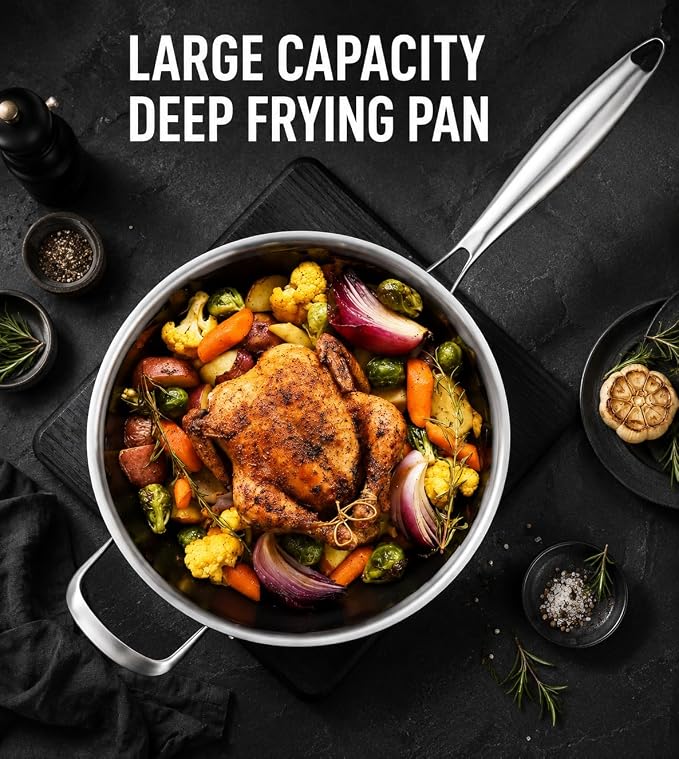 Toutrop Saute Pan,Frynig Pan with Lid,Stainless Steel Cookware,Skillet,Dishwasher and Oven Safe, Works on All Cooktops,Stainless Steel,7QT