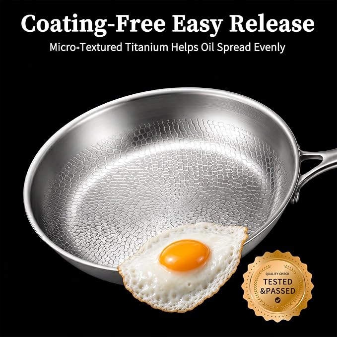 12" Titanium Pans for Cooking, 100% Pure Titanium Frying Pan | Food-grade titanium; naturally non-toxic; no PTFE/PFOA/PFAS coating; induction ready, dishwasher safe, oven safe to 1000°F