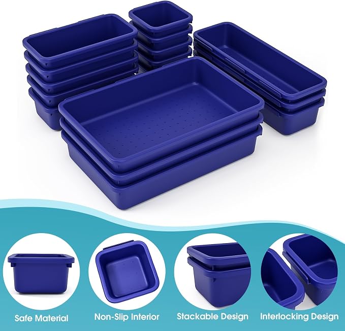 StoreHappily 16 PCS Drawer Organizer Set, 4 Size Makeup Drawer Divider Organizer With Non-Slip Pads, Interlocking Plastic Storage Bins for Office,Jewelry Vanity,Gadgets, Bathroom,Kitchen, Navy
