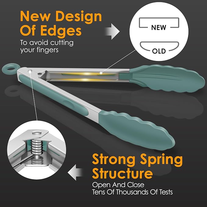 HOTEC Premium Stainless Steel Locking Kitchen Tongs with Silicon Tips, Set of 3-7", 9" and 12" (Neutral Color)