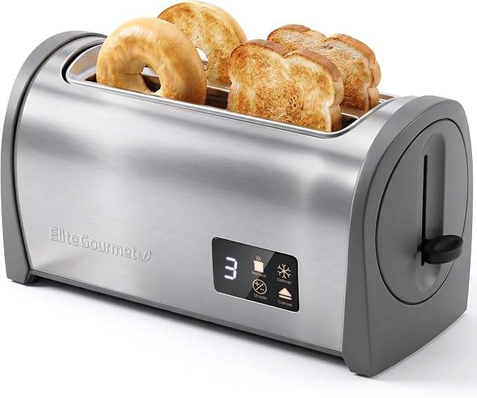 Elite Gourmet Digital 4-Slice Long Slot Toaster, Stainless Steel | Touch Screen LED Display, 6 Browning Levels, Defrost/Reheat, Extra-Wide 1.5" Slots Fit Artisan & Bagel Bread - Modern Design
